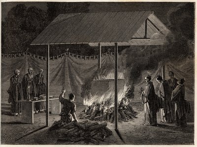 Pohřební obřady: rituální spálení. Rytina k ilustraci plavby do Japonska v letech 1863-1864 od Aime Humberta, ministra Švýcarské konfederace, v „Le tour du monde, nouveau journal des voyages“, vydaném pod vedením Edouarda Chartona od Unknown artist