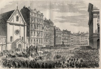 Pohřeb císaře Maxmiliána I. Mexického (1832-1867): příjezd pohřebního průvodu před vídeňský kapucínský kostel. Gravírování v „“L