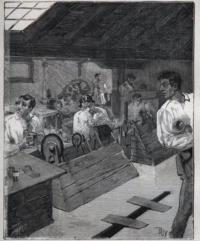 Galvanické zlacení: škrabka-boesáž zlatých šperků se škrabkou-boesse. Rytina z roku 1885 v „“Les arts et metiers illustres““ od Adolphe BITARDA. od Unknown artist