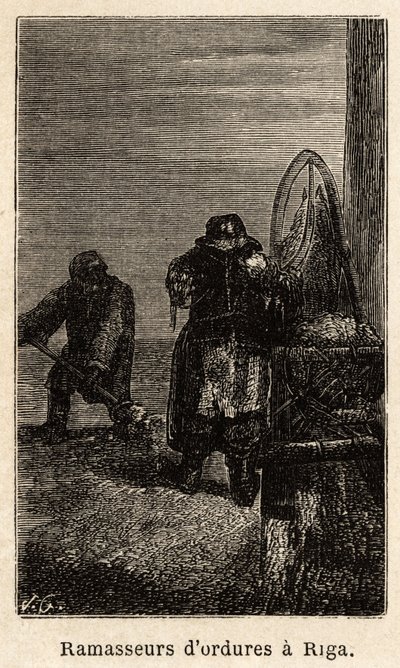 Popeláři v Rize. Kresba Henrieta pro ilustraci jeho cesty do ruských pobaltských provincií v letech 1851-54. Rytina v „“Le tour du monde““, editoval Edouard Charton od Unknown artist