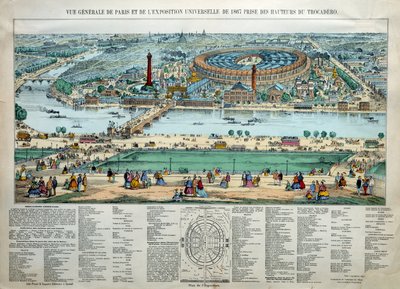 Celkový pohled na Světovou výstavu 1867 v Paříži. Dole: park vojenské školy Champ de Mars. Gravírování Paris, Musee Carnavalet od Unknown artist