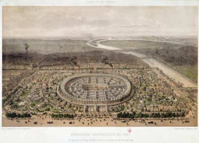 Celkový pohled na Světovou výstavu 1867 z Trocadera v Paříži: Champ de Mars a most Iena přes Seinu. Litografie 19. století. Paříž, Musee d