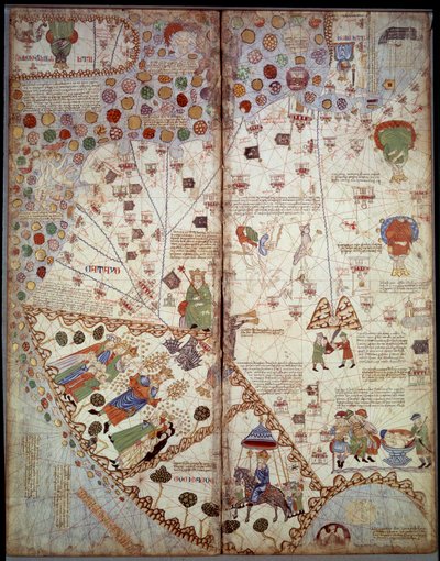 Zeměpisná mapa: Čína, údolí Gangy, Sumatra, Ceylan. Catalan Atlas (Katalánská mapa) (Španělsko). Rukopis z roku 1375 (Folio 2v - Folio 3) Abraham Cresques. BN, Paříž od Unknown artist