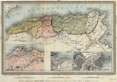 Geografická mapa Alžírska a podrobnosti o provinciích Alžír, Oran a Constantine, realizovaná Amboise Tardieu od Unknown artist