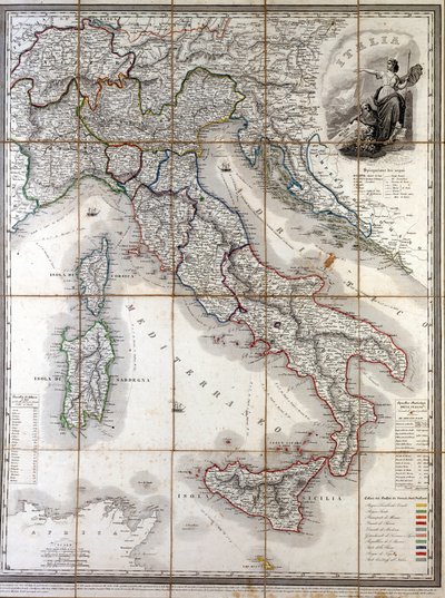 Zeměpisná mapa Itálie v roce 1850 s vymezením hranic různých států, které tvořily zemi před Risorgimentem. od Unknown artist