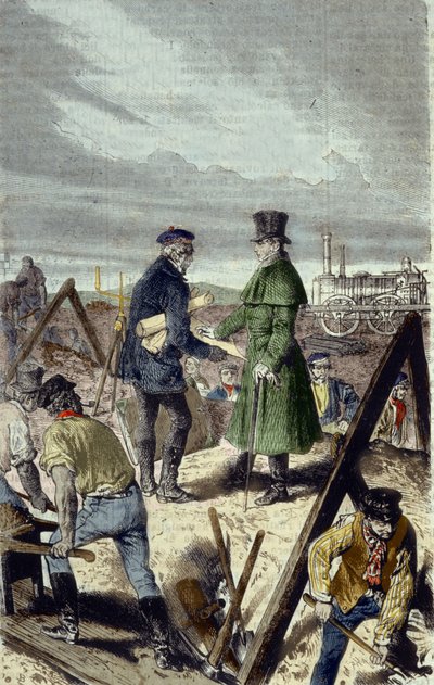 Georges Stephenson (1781-1848), anglický inženýr, stavitel Liverpool Manchester Road se svou první lokomotivou. od Unknown artist