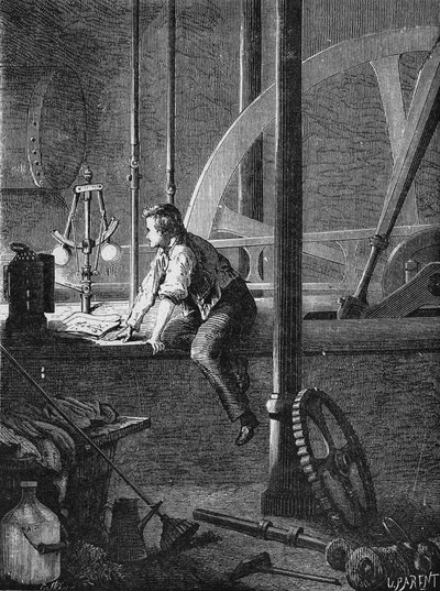 Georges Stephenson, řidičský dělník v Newcastlu, rozebírá a opravuje svůj parní stroj. In “Album de la Science””, Éditions Jouvet od Unknown artist