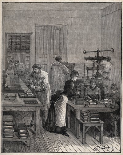 Zlacení knih (obalů) v železe v dílně ve Francii v 19. století. Rytina z roku 1885 v „“Les arts et metiers illustres““ od Adolphe BITARDA. od Unknown artist