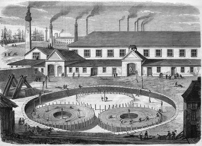 Továrna na elektrické kabely Glass Eiliot v Greenwichi. Navinutí kabelu v nádržích před přepravou na lodi „“ leviatan““. Rytina z roku 1865. od Unknown artist