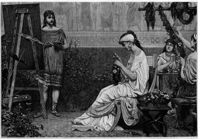 Glycere pózuje před řeckým malířem Pausiasem (4. století př. n. l.) pro obraz „“Stephanopoclos“““. Rytina v „Le journal de la jeunesse““ od Unknown artist