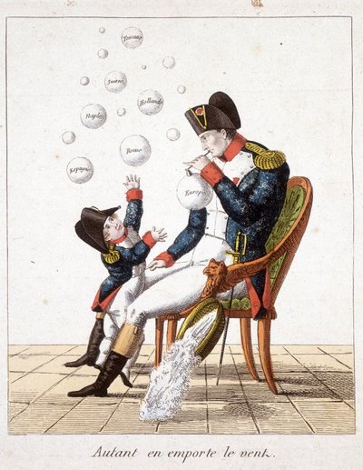 Pryč s větrem: Napoleon vyrábí mýdlové bubliny z Toskánska, Švýcarska, Holandska, Neapole, Říma, Španělska a Evropy - v „“ Napoleon 1st, karikatury, sbírka figurín““, c. 1814 od Unknown artist