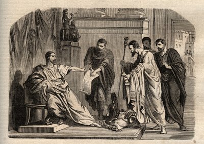 Gordian I (158-238) odmítající císařskou důstojnost - Gordian I. (Marcus Antonius Gordianus Sempronianus Romanus Africanus) odmítl císařskou důstojnost - rytina v „“ Dictionnaire populaire illustrious“ - 1864 - od Josepha Decembra a Edmonda Alloniera - od Unknown artist