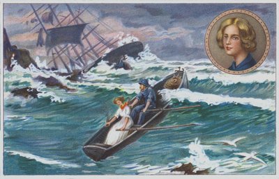 Grace Darlingová vyplouvá se svým otcem zachránit trosečníky ze ztroskotané lodi Forfarshire v roce 1838. (chromolit) od Unknown artist