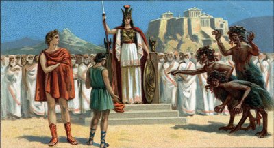 Velké řecké tragédie: „Orestia““ od Aischyla. Oreste se objevil před Areopage nebo Nejvyšším soudem Athén, kterému předsedala bohyně Pallas Athene nebo Minerva, asistoval mu Apollo. Napravo jsou Eumenides (tři fúrie). Orestie chybí od Unknown artist