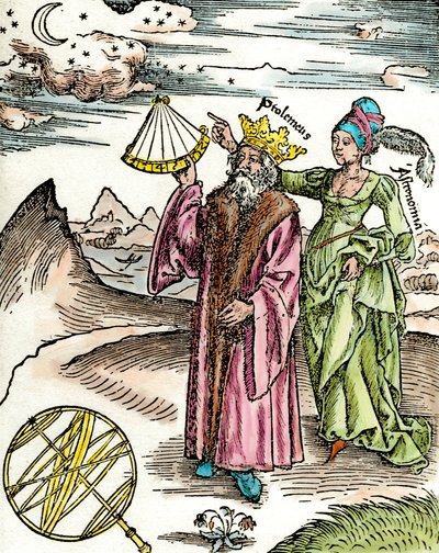 Řecký astronom Claude Ptolemaee (Claudius Ptolemaeus) (kolem 90-kolem 168 n. l.) pomocí sextantu a astronomie. Rytina z roku 1503. Soukromá sbírka od Unknown artist