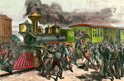 Greve na železniční trati spojující Baltimore, Ohio Dělníci pronásledují řidiče a inženýry z vlaku mířícího do Baltimoru. 1877 Soukromá sbírka rytin 19. století od Unknown artist