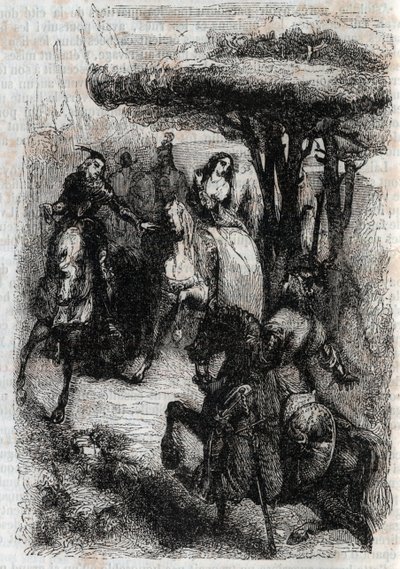 Griffon meets Origille – rytina z roku 1851 z „“Zuřivého Rolanda““ (Orlando furioso) (16. století) od Ludovica Ariosta, známého jako Ariosto – vydání přeložené z italštiny hrabětem z Tressanu a vydané Gustavem Harvardem v roce 1851 od Unknown artist