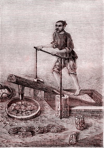 Broušení a drcení kusů bambusu, výroba papíru v Číně (3. století př. n. l.) (rytina) od Unknown Artist