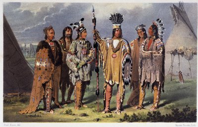Skupina šesti indiánských náčelníků - v „“ Putování umělce mezi indiány Severní Ameriky““ od Paula Kanea, Longmanse & Robertse, Londýn od Unknown artist