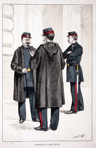 Strážci míru (1871-1873). Barevný lept, pro ilustraci Kniha „Historie sboru mírových sil“““ vydaná pod záštitou Louise Lepinea (1846-1933), prefekta policie na Seině, od Alfreda Reye (1864-?) a Louise Ferona od Unknown artist