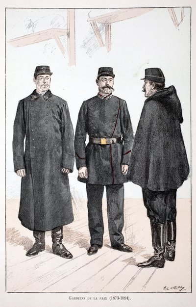 Strážci míru (1873-1894). Barevný lept, pro ilustraci Kniha „Historie sboru mírových sil“““ vydaná pod záštitou Louise Lepinea (1846-1933), prefekta policie na Seině, od Alfreda Reye (1864-?) a Louise Ferona od Unknown artist