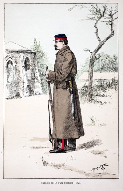 Strážci míru mobilizují (1871). Lept v barvách, pro ilustraci Kniha „Historie sboru mírových sil“““ vydaná pod záštitou Louise Lepinea (1846-1933), prefekta policie na Seině, od Alfreda Reye (1864-?) a Louise F. od Unknown artist