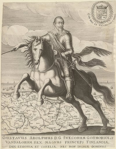 Gustav II Adolf před mapou Pomořanska v pozadí. 1630 od Unknown