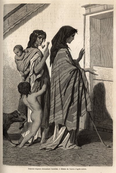 Cikánské ženy a děti v hadrech nebo polonahé žádají v Esseku (povodí Dunaje) o podomní almón. Rytina k ilustraci vzpomínek na cestování mezi jižními Slovany, od Georgese Perrota, v roce 1868, publikovaná v „“Le tour du monde““ 1870-1871, edit od Unknown artist