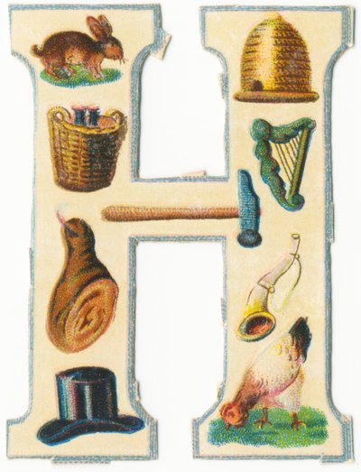 H: zajíc, úl, dožínkový koš, harfa, kladivo, šunka, roh, klobouk, slepice (barva lito) od Unknown artist