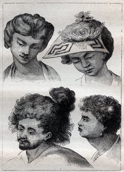 Účesy obyvatel Taiti (Tahiti) - ilustrace převzata z „Velkých námořníků 18. století““ od Unknown artist