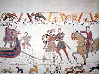 Harold II. (1022 - 1066) se vylodil v Normandii, kde byl zajat Vilémem I. Dobyvatelem (1027 - 1087). Tapisérie z Bayeux, známá jako Výšivka královny Mathildy od Unknown artist