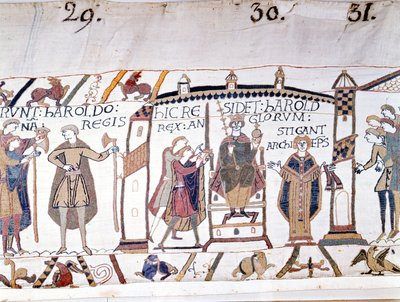 Harold II (1022 - 1066) byl prohlášen králem po smrti Edwarda Vyznavače v roce 1066, ale brzy zemřel v bitvě u Hastingsu. Tapisérie z Bayeux nebo výšivka královny Mathildy od Unknown artist