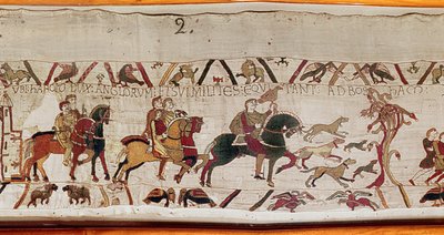 Harold je poslán se svými muži do Normandie Edwardem Vyznavačem, Bayeux Tapestry (vlněná výšivka na plátně) od Unknown artist