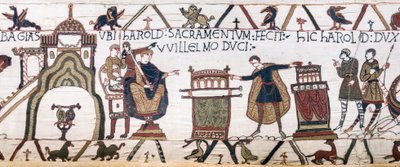 Harold přísahá Williamovi posvátnou přísahu v Bayeux, Bayeux Tapestry (vlněná výšivka na plátně) od Unknown artist