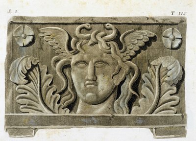 Hlava Medúzy, jedna ze tří Gorgon, kamenný basreliéf - v „Monumenti Etruschi““. od Unknown artist