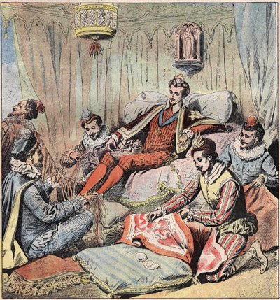 Jindřich III. (1551 - 1589) a jeho miláčci. Král (Jindřich III.; 1551 - 1589) sedí vzadu; má nohy Quelus a Maugiron copánkové stuhy; Schomberg udělá gobelín... O a Epernon vyhlédne z otvorů, nakonec si Chicot sedne na jednoho z vrátných. od Unknown artist