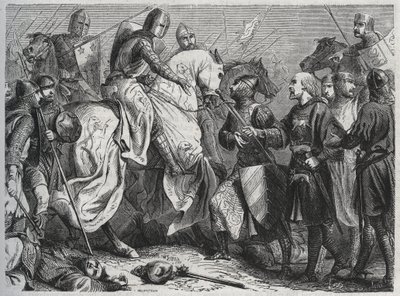Henry III (Henry III Plantagenet of England) (1207-1272) je zajat Simonem V. z Montfortu (asi 1208-1265) v Lewes v Sussexu 1264 - rytina 1864 od Unknown artist
