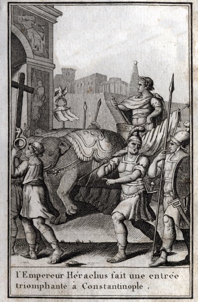 Heraclius I. (Flavius Heraclius, Herakleios (asi 575-610/641), byzantský císař, triumfálně vstoupil do Konstantinopole. Vyšplhal na vůz, na nějž dojeli čtyři sloni, a přinesl před sebe Pravý kříž (Svatý kříž), který mu byl odebrán. z od Unknown artist