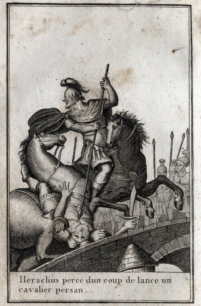 Heraclius I (Flavius Heraclius, Herakleios (asi 575-610/641), byzantský císař, oštěp perského jezdce (válka proti Peršanům), 7. století. Rytina v „Beaute de l