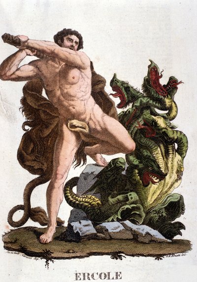 Herkules sráží Hydru z Lerny - rytina od Unknown artist