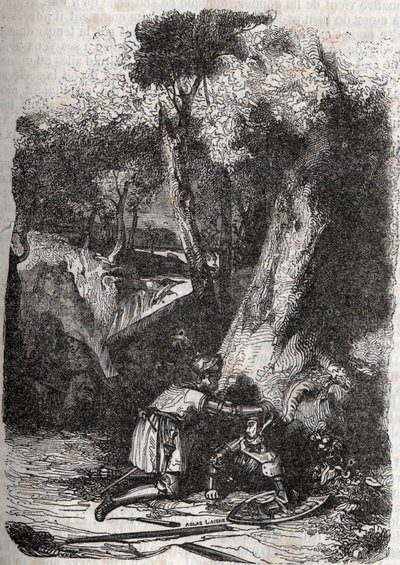 Hermonides převrácený a zachráněný Zerbinem – 1851 rytina z „“Zuřivého Rolanda““ (Orlando furioso) (16. století) od Ludovica Ariosta, známého jako Ariosta – vydání přeložené z italštiny hrabětem z Tressanu a vydané Gustavem Harvardem 1851 od Unknown artist