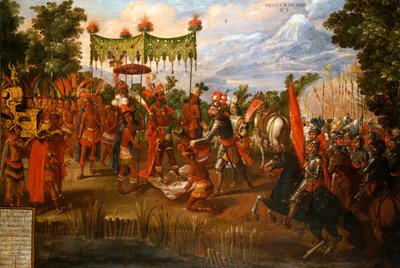 Hernan Cortes se setkává s císařem Moctezumou od Unknown artist