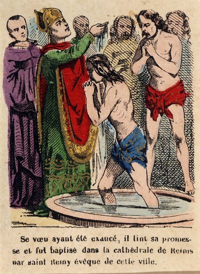 Jeho slib byl splněn, Clovis byl pokřtěn v katedrále v Remeši Saint Rémi, biskupem města od Unknown artist