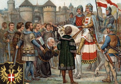 Historické epizody slavných měst: Rudolf Habsburský (Rodolf I. Svaté říše 1218-1291) obsadil Vídeň (1276). Rodolph I. byl král Římanů a zmocněním se města Vídně založil moc Habsburků. Chromol od Unknown artist