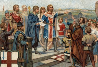 Historické epizody slavných měst: Alfréd Veliký (849-899) vrací Londýn jeho bývalým obyvatelům (886), „Mír Alfreda a Guthruma“ znamenal vítězství Anglosasů proti Dánům (= Viking). Chromolitografie 19. století. od Unknown artist