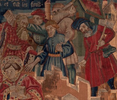 Historie Saint Piat a Saint Eleuthère, scéna 5 detail. Horní část vpravo. Zedníci. od Unknown artist