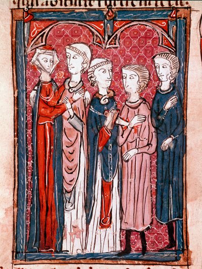 Historie kanonického práva: „“ scéna zásnub“““ Miniatura převzatá z „“ Decret de Gratien““ („Concordia discordantium canonum“ nebo „Decretum Gratiani“) pocházející z roku 1140 a upravující zákony a kánony římskokatolické církve. 13. století Laon, Mun od Unknown artist