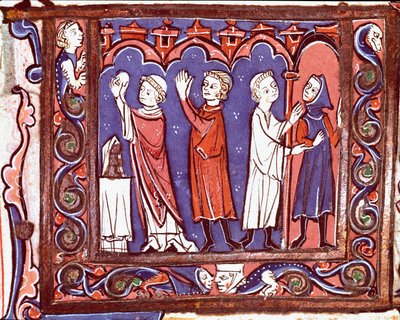 Historie kanonického práva: “” scéna přijímání (vlevo) a exkomunikace (vpravo)”” Miniatura převzatá z “” Decretales”” od Giovanni d