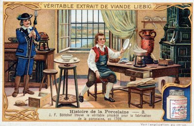 Historie porcelánu: Johann Friedrich Bottger (Bottcher nebo Bottiger) (1682-1719) našel skutečnou metodu výroby porcelánu v roce 1709 - Liebigova chromolitografie od Unknown artist