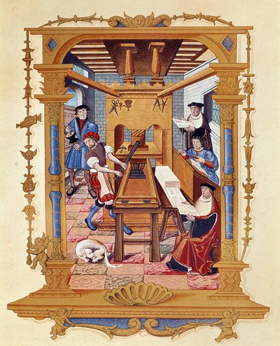 Historie tisku: typografická dílna kolem roku 1530. od Unknown artist